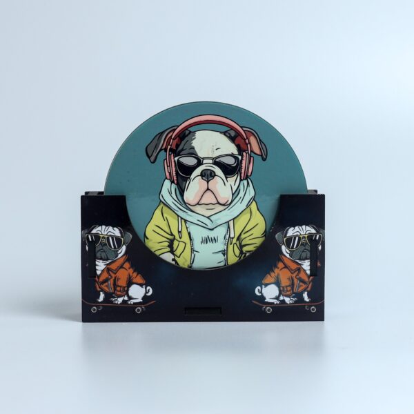 Cool Dog MDF Round Coaster Set with Holder – Set of 6